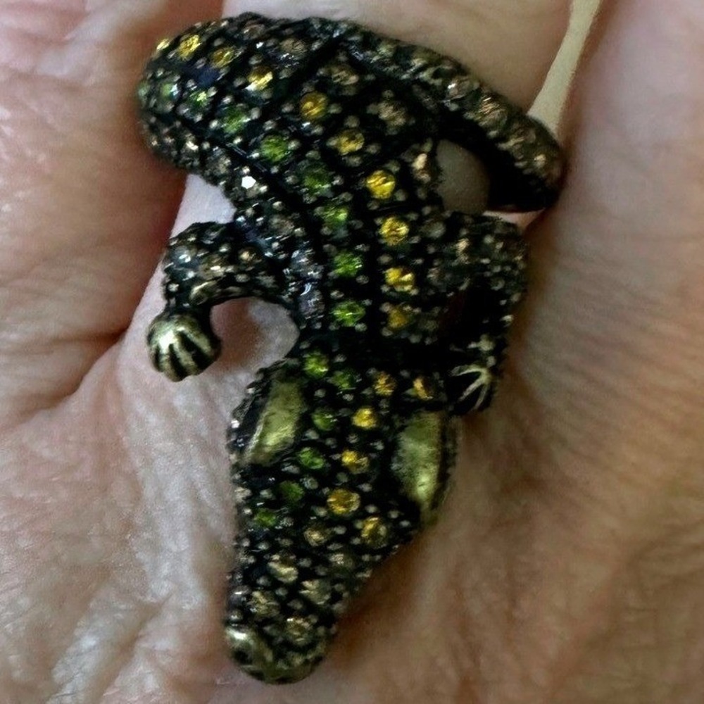 Crocodile Wrap Ring Antiqued Gold Tone Crystal Encrusted Alligator Size 8